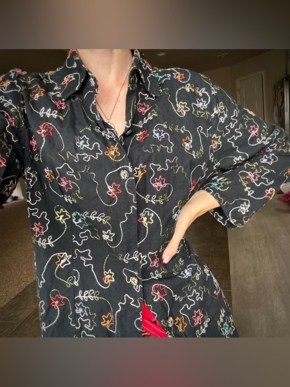 Vintage Lifestyle Linen Rainbow Embroidered Floral Button Down M